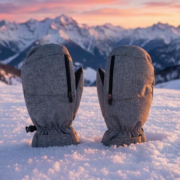 New Men’s Ski Mittens Size Large – Grey Heather Zipper Heat Pocket Insulated - Picture 1 of 8